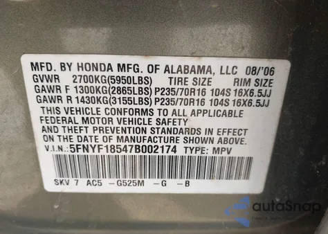2007 Honda Pilot Ex-L z USA, uszkodzony, nr VIN 5FNYF18547B002174